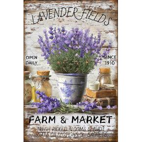 Cusde Retro Lavender Fields Metal Poster Vintage Garden Sign Fresh Picked Lavender Wall Decor For Home Bathroom Gifts For Lavender Lovers 8x12 Inch, Purple