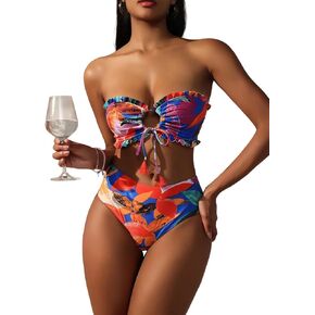 WDIRARA Women's 2 Piece Bandeau High Waist Strapless Swimsuit Floral Beach Bikini Set in Saudi Arabia