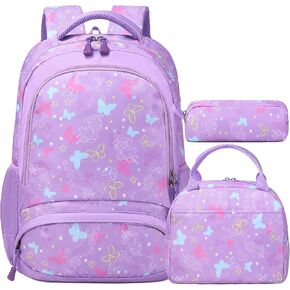 Kimwadalh School Bags for Girls, 3in1 Girls Backpack with Lunch Bag Pencil Case and Chest Strap for Preschool Elementary