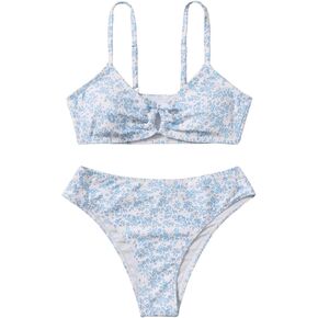 Girl's 2 Piece Bikini Sets Ditsy Floral High Waisted O Ring Ruched Wireless Bathing Suit Swimsuit Set