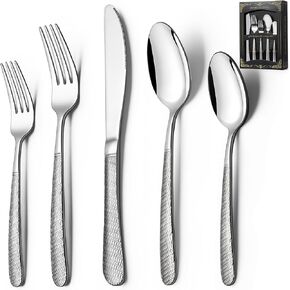 40-Piece Hammered Silverware Set, Deedro Stainless Steel Heavy Duty Flatware Set for 8, Food-Grade Tableware Cutlery Set, Utensil Sets for Home Restaurant, Mirror Finish, Dishwasher Safe
