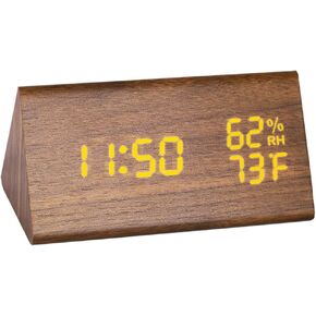 Wooden Digital Alarm Clock, Led Wood Alarm Clock, Dual Temperature & Humidity Detect in Adjustable Brightness and Volume Desk Bedside Clock for Bedroom, Kids Room, Office, Black
