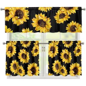 Jeiento Fall Kitchen Curtain and Valance Set Yellow Sunflower Thanksgiving Cafe Bar Window Curtains Bright Floral Light Filtering 24" Length Tier and Valance for Farmhouse Country 3 Pcs Window Curtain
