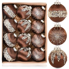 Christmas Ornaments Brown Tree Decorations - Pack of 12 Satin Xmas Balls Ornament - Silk Shatterproof Bulbs Luxury Baubles 80mm 3.15 inch