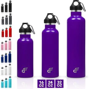 Day 1 Fitness Stainless Steel Water Bottle Standard Mouth, Carabiner Clip (16, 24, or 32oz) 3 Size, 8 Color, and Multi-pack Options – Vacuum Insulated, Double Walled, Powder-Coated Sweat Proof Thermos