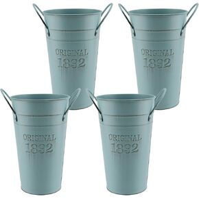 MOUYAT 4 Pack 10 Inch Vintage Metal Galvanized Flower Vase, Tall Galvanized Metal Planter Bucket with Handles, Farmhouse French Bucket for Centerpiece Wedding Decor, Floral Arrangements, Black