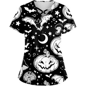 Halloween Scrubs Tops for Women Casual Nurse Criss Cross V-Neck Plus Size Scrub Shirts Uniform Scrub Tops for Women