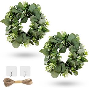 2PC Artificial Eucalyptus Wreath for Front Door, 14 Inch Green Leaf Wreath with 1PC Rope and 2PCS Hook, Spring Summer Greenery Wreaths for Farmhouse Home Porch Wall Festival Wedding Decor