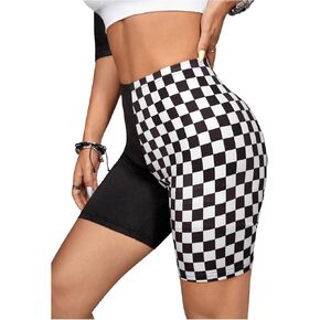 OYOANGLE Women's Plus Size Color Block Biker Shorts Checkered Print Athletic Workout Shorts