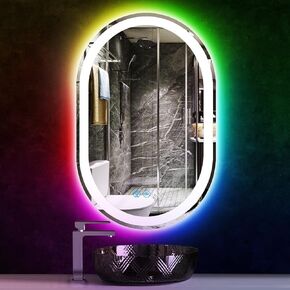 THEKLA مرآة الحمام البيضاوية المضاءة 16 × 24 بوصة RGB بإضاءة خلفية بيضاوية LED مرآة لجدار الحمام مرآة الغرور البيضاوية مع أضواء مضادة للضباب قابلة للتعتيم 3 ألوان + لون قوس قزح متغير الإضاءة مرآة ذكية بيضاوية