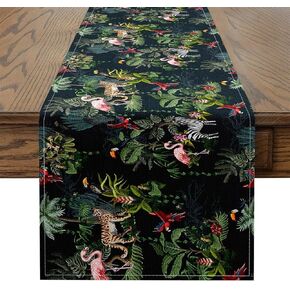 Flamingo Table Runner Zebra Bird Tiger Rectangular Runner Palm Tree Leaves Wild Jungle Animals Table Runners Nature Tropical Botanical Plant Summer Table Runner 13x72 Green
