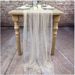 4 Pieces 10 ft 60 x 120 Inches Champagne Pearl Table Cloth Elegant Polyester Table Runner with Artificial Pearl Accents Extra Long Tulle Table Runner for Wedding