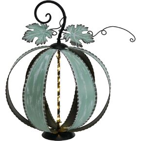 TERESA'S COLLECTIONS Outdoor Fall Pumpkin Decor, Large Lighted Metal Battery Operated Silvery Pumpkin for Home, Autumn Harvest Halloween Pumpkin for Garden Decor Porch Patio,Thanksgiving Gift,15.4"