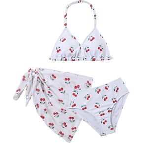 WDIRARA Girl's 3 Piece Swimsuits Fruit Print Halter Swimwear Set Summer Cute Swimsuit with Knot Side Mini Beach Skirt