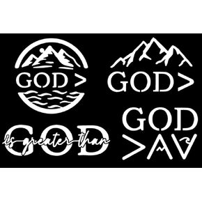 God is Greater Than Decal 4 Pack: God is Greater Than Mountains Sea, GOD is Greater-Than, God Mountain Range Decals (Small ~3.5", White)