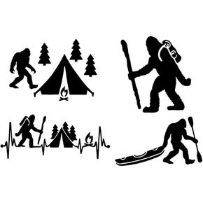 Bigfoot Camping Hiking Kayaking Decal 4 Pack: Bigfoot Heartbeat, Sasquatch Camping, Hiking Bigfoot, Kayaking Bigfoot Decals (Small ~4", Black)