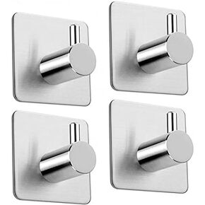 WESDA Wall Hooks Adhesive Heavy Duty Waterproof 304 Stainless Steel Hooks for Hanging Coat,Towel Robe Hook 4-Packs