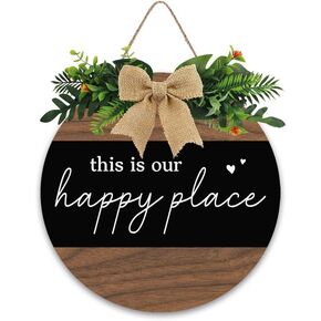 This is Our Happy Place Front Door Round Wooden Sign for Farmhouse Porch Welcome Wreath Decor with Greenery Bow Our Happy Place Wood Hanger Housewarming Gift for Home Outdoor Indoor Decorations 12×12