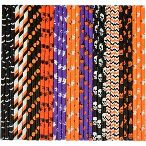 ALINK 100 Counts Halloween Paper Straws, 10 Styles Black White Orange Purple Biodegradable Party Drinking Straws with Stripe, Wave, Dots, Skull Head, Ghost, Bats, Pumpkin, Spider Design