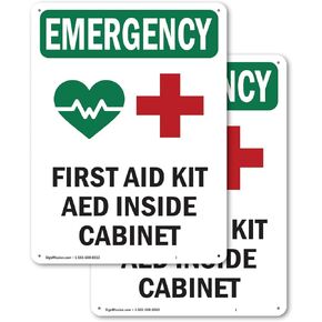 (2 Pack) First Aid Kit AED With Symbol OSHA Emergency Sign 7 Inch X 10 Inch Plastic Sign, Weather Resistant, UV Protected for Workplace, Business, and Construction Site, Made in the USA