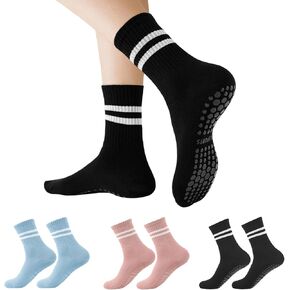3 Pairs Pilates Socks for Women with Non Slip Grippers, Yoga Crew Socks for Barre Hospital Sticky Slipper Socks