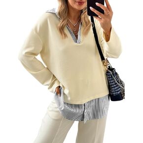 Tankaneo Womens Long Sleeve Polo Shirts Striped Patchwork Collared V Neck Sweatshirts Casual Loose Fit Tops