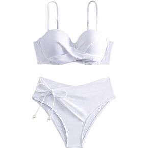 SweatyRocks Women's 2 Piece Bathing Suit Twist Front Spaghetti Strap Push Up Bikini Set Tie Knot Side Swimwear