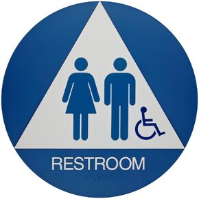 Brady California/ADA Restroom Sign, Legend "Restroom" - Plastic, White on Blue, 12" Diameter - 106184