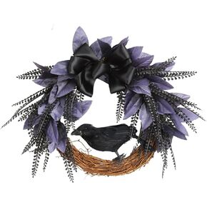 Halloween Decorations Wreath for Front Door Halloween Crow Wreath, Gothic Black Wreath with Tie for Halloween Indoor Outdoor Gothic Halloween Home Decor