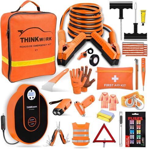 THINKWORK Car Emergency Kit for Teen Girl and Lady's Gifts, Pink Emergency Roadside Assistance kit with 10FT Jumper, First Aid Kit, Safety Hammer, Tow Rope, and More Ideal Pink Car Accessories Tool in Kuwait