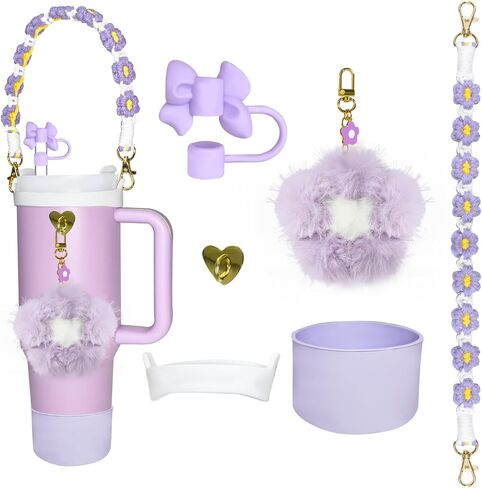 Stanley Cup Accessories 30 oz 40 oz including Water Bottle Handle Strap, Silicone Boot, 0.4" Straw Cover and Cute Pom-pom Stanley Charms Tumbler Accessories, Purple in Saudi Arabia