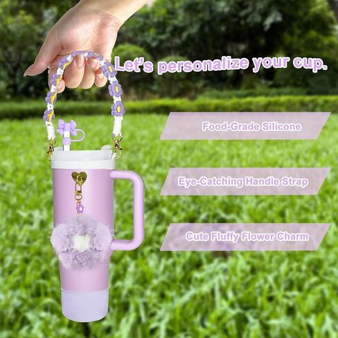 Stanley Cup Accessories 30 oz 40 oz including Water Bottle Handle Strap, Silicone Boot, 0.4" Straw Cover and Cute Pom-pom Stanley Charms Tumbler Accessories, Purple in Saudi Arabia