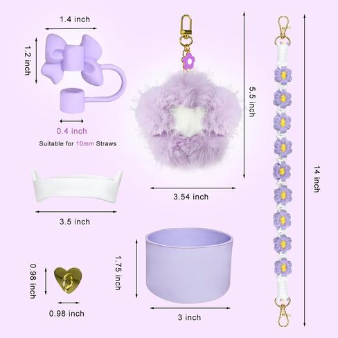 Stanley Cup Accessories 30 oz 40 oz including Water Bottle Handle Strap, Silicone Boot, 0.4" Straw Cover and Cute Pom-pom Stanley Charms Tumbler Accessories, Purple in Saudi Arabia