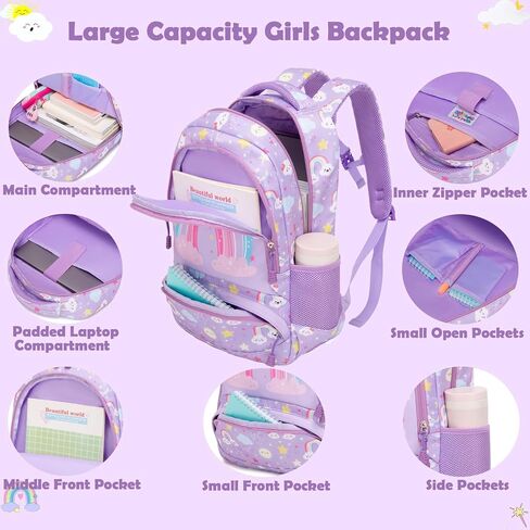 Kimwadalh School Bags for Girls, 3in1 Girls Backpack with Lunch Bag Pencil Case and Chest Strap for Preschool Elementary in Saudi Arabia