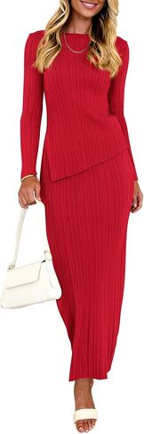 PRETTYGARDEN Women 2 Piece Outfits Long Sleeve Asymmetric Slit Hem Tops Midi Bodycon Skirt Sets Lounge Knit Sweater Set in Saudi Arabia