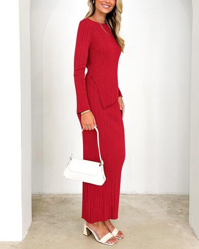 PRETTYGARDEN Women 2 Piece Outfits Long Sleeve Asymmetric Slit Hem Tops Midi Bodycon Skirt Sets Lounge Knit Sweater Set in Saudi Arabia