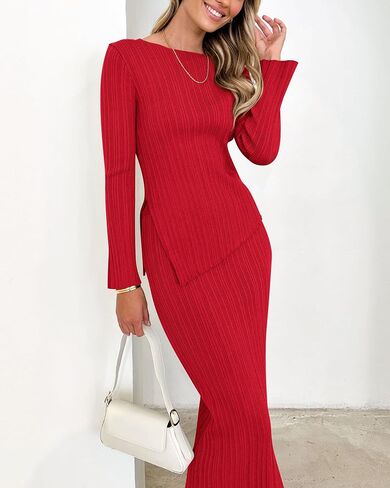 PRETTYGARDEN Women 2 Piece Outfits Long Sleeve Asymmetric Slit Hem Tops Midi Bodycon Skirt Sets Lounge Knit Sweater Set in Saudi Arabia