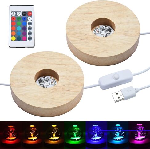 2 قطعة قاعدة عرض أضواء LED، قاعدة خشبية مستديرة مضاءة، حامل لفن الراتنج والزجاج والكريستال بالليزر (ضوء أبيض رائع) in Kuwait