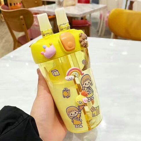 Kawaii Water Bottle Cute double compartment water bottle Couple Plastic Cup Straw Portable Bottle 15 oz（430ml） (yellow) in Saudi Arabia