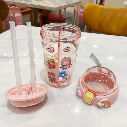 Kawaii Water Bottle Cute double compartment water bottle Couple Plastic Cup Straw Portable Bottle 15 oz（430ml） (yellow) in Saudi Arabia