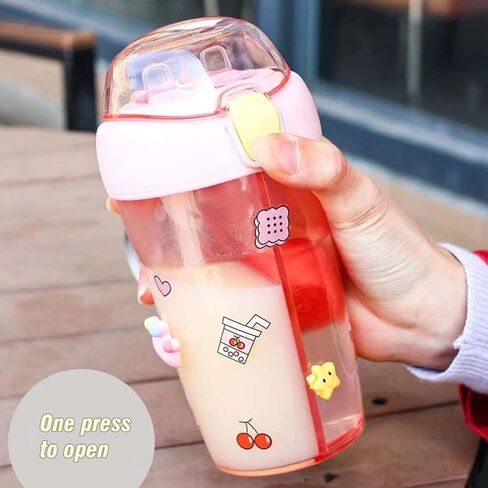 Kawaii Water Bottle Cute double compartment water bottle Couple Plastic Cup Straw Portable Bottle 15 oz（430ml） (yellow) in Saudi Arabia