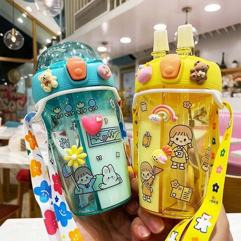 Kawaii Water Bottle Cute double compartment water bottle Couple Plastic Cup Straw Portable Bottle 15 oz（430ml） (yellow) in Saudi Arabia