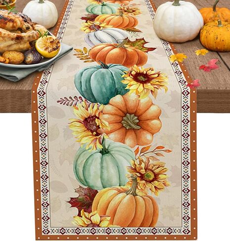 Thanksgiving Fall Pumpkin Table Runners Maple Leaf Orange Lattice 13x70 Inches Long Washable Table Runner for Round Table Kitchen Coffee Dining End Table Living Room Use in Kuwait
