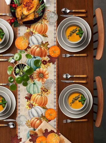 Thanksgiving Fall Pumpkin Table Runners Maple Leaf Orange Lattice 13x70 Inches Long Washable Table Runner for Round Table Kitchen Coffee Dining End Table Living Room Use in Kuwait