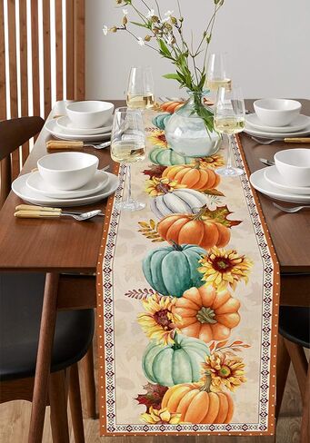 Thanksgiving Fall Pumpkin Table Runners Maple Leaf Orange Lattice 13x70 Inches Long Washable Table Runner for Round Table Kitchen Coffee Dining End Table Living Room Use in Kuwait