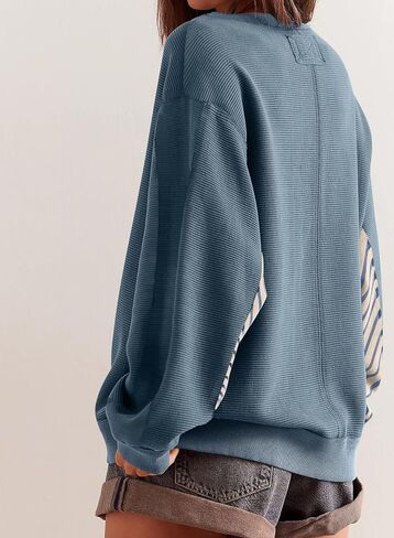 سويت شيرت AlvaQ نسائي كبير الحجم 2024 كاجوال فضفاض مخطط بأكمام طويلة وفتحة رقبة دائرية in Kuwait