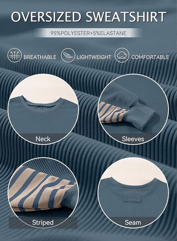 سويت شيرت AlvaQ نسائي كبير الحجم 2024 كاجوال فضفاض مخطط بأكمام طويلة وفتحة رقبة دائرية in Kuwait