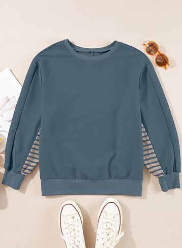 سويت شيرت AlvaQ نسائي كبير الحجم 2024 كاجوال فضفاض مخطط بأكمام طويلة وفتحة رقبة دائرية in Kuwait