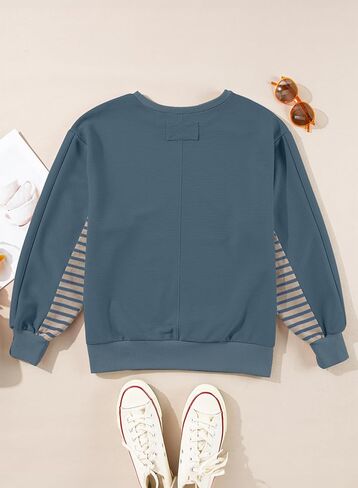 سويت شيرت AlvaQ نسائي كبير الحجم 2024 كاجوال فضفاض مخطط بأكمام طويلة وفتحة رقبة دائرية in Kuwait