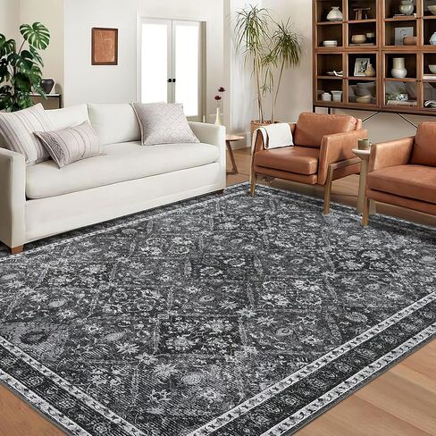 Living Room Rug 8x10 Washable Rug Living Room Rug Moroccan Trellis Accent Rug Vintage Floral Distressed Rug Ultra-Soft Indoor Carpet Non Slip Foldable Thin Rug for Bedroom Nursery Dark Grey in Saudi Arabia